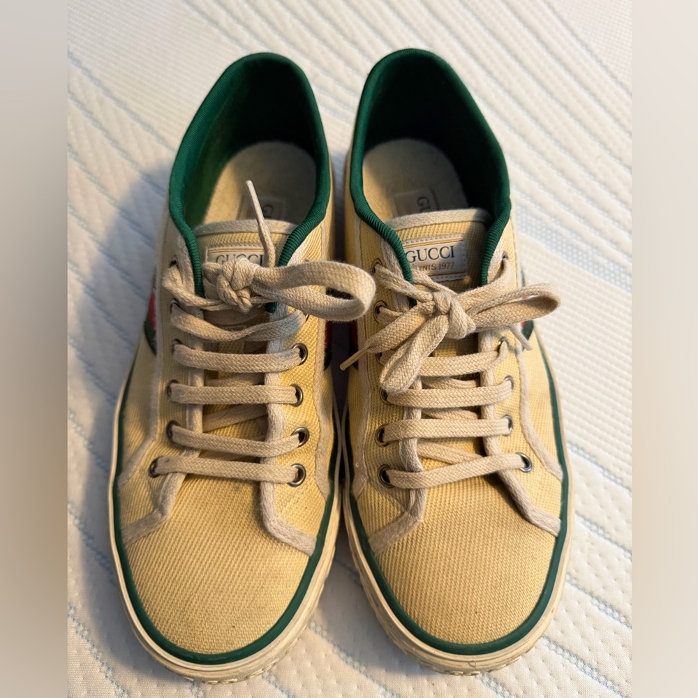 Gucci Off-White Canvas Sneakers with Green Trim